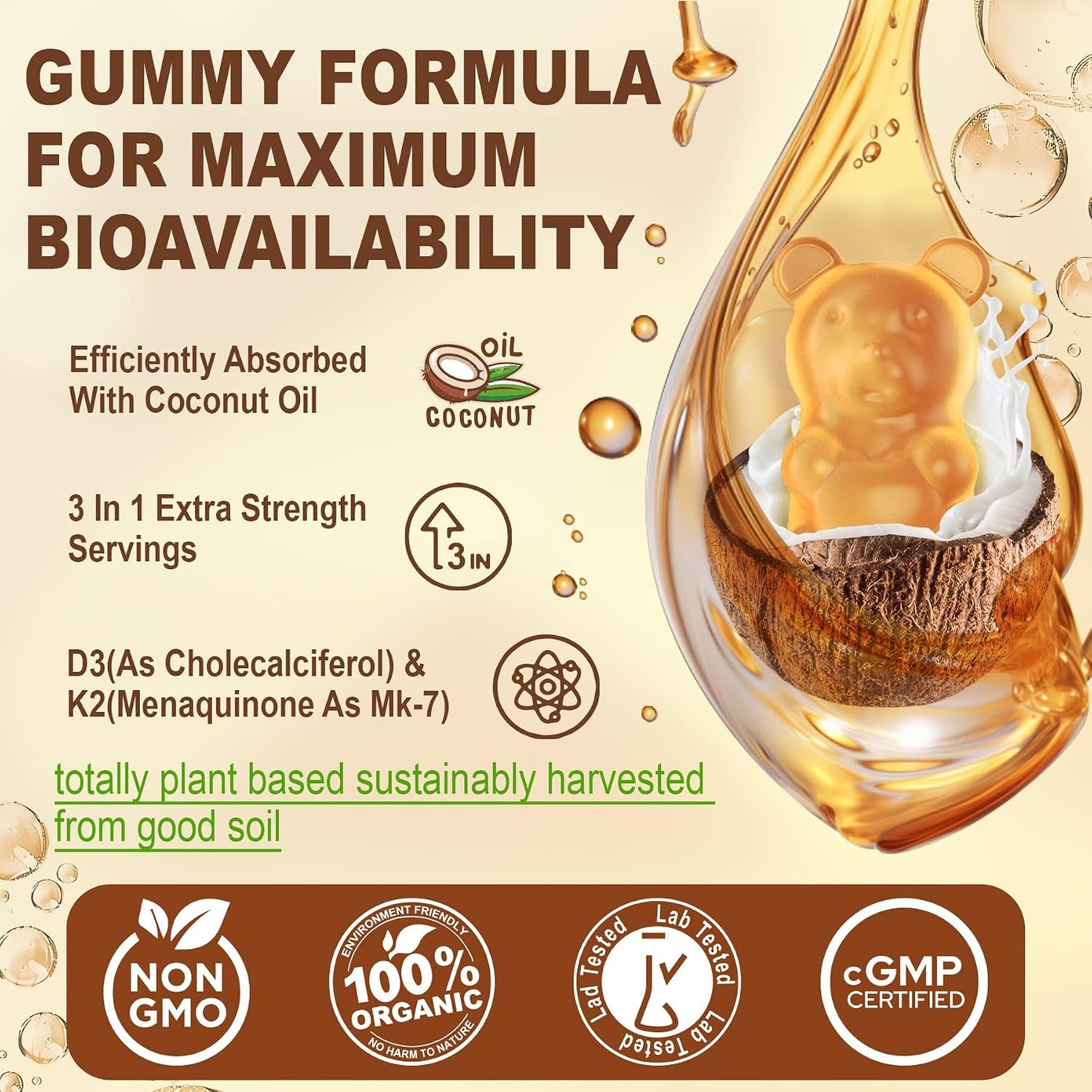 Vitamin D3 K2 Gummy Bears – 5000 IU D3, 200 mcg K2 MK7, 600 mg Calcium, Vegan, 60 Gummies - görsel 6