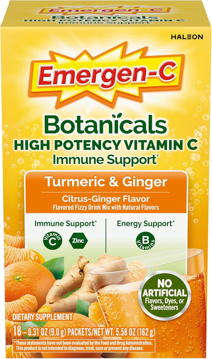 Emergen-C Citrus & Ginger Fizzy Drink Mix with Turmeric and Ginger, Immune Support, 18 Sachets