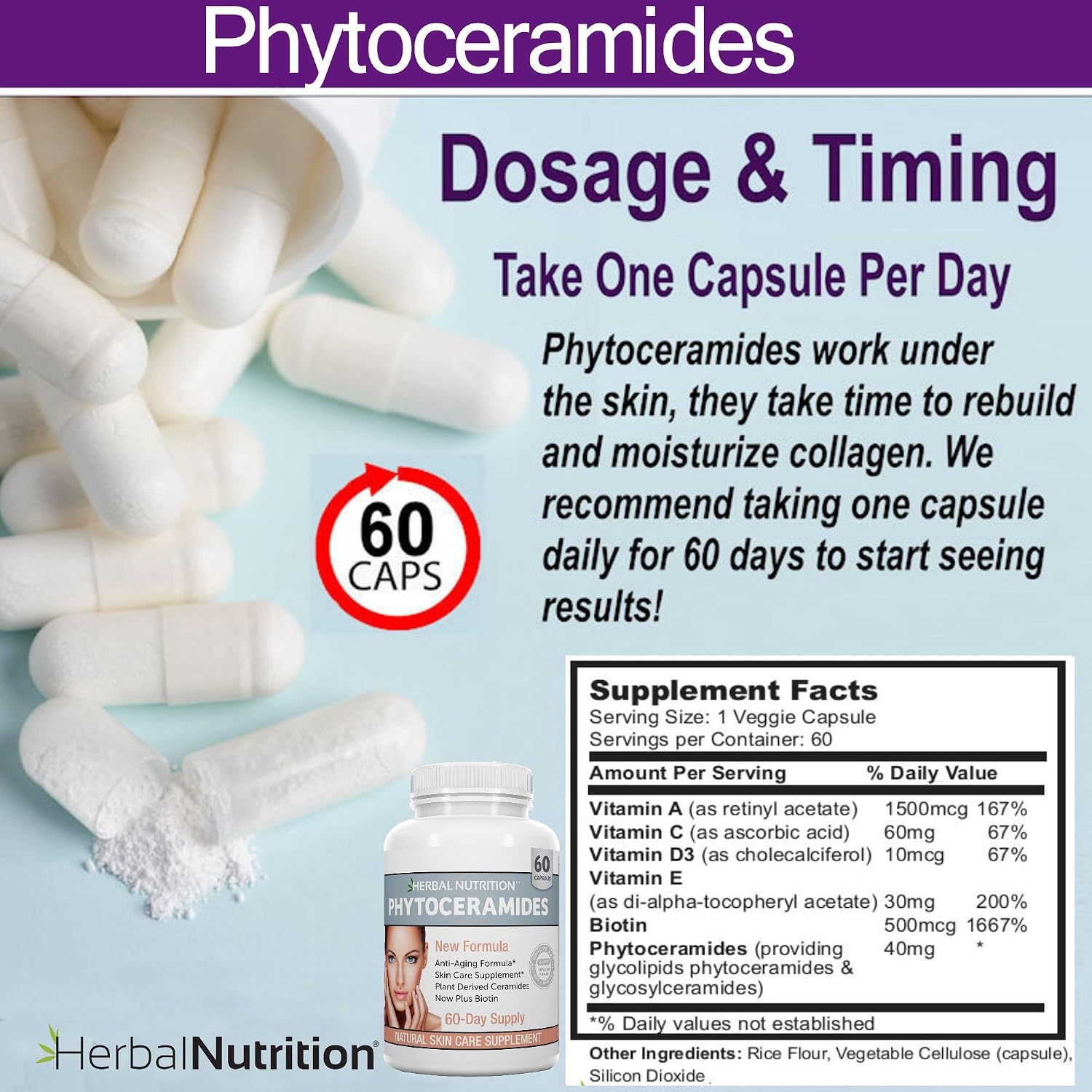 Herbal Nutrition Phytoceramides from Rice with Biotin, Vitamins A, C, D and E, Three Bottle Pack, 180 Capsules, 40mg - görsel 6