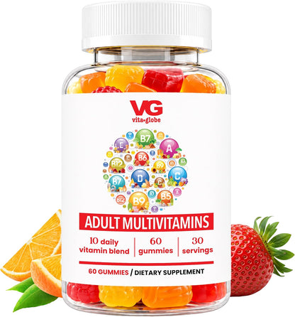 VITA GLOBE Adult Multivitamin Gummies – 9 Daily Vitamins with C, D, E, B6, B12, Folate & Biotin, Orange, Peach & Strawberry Flavours, Immune Support Supplement, 60 Gummies
