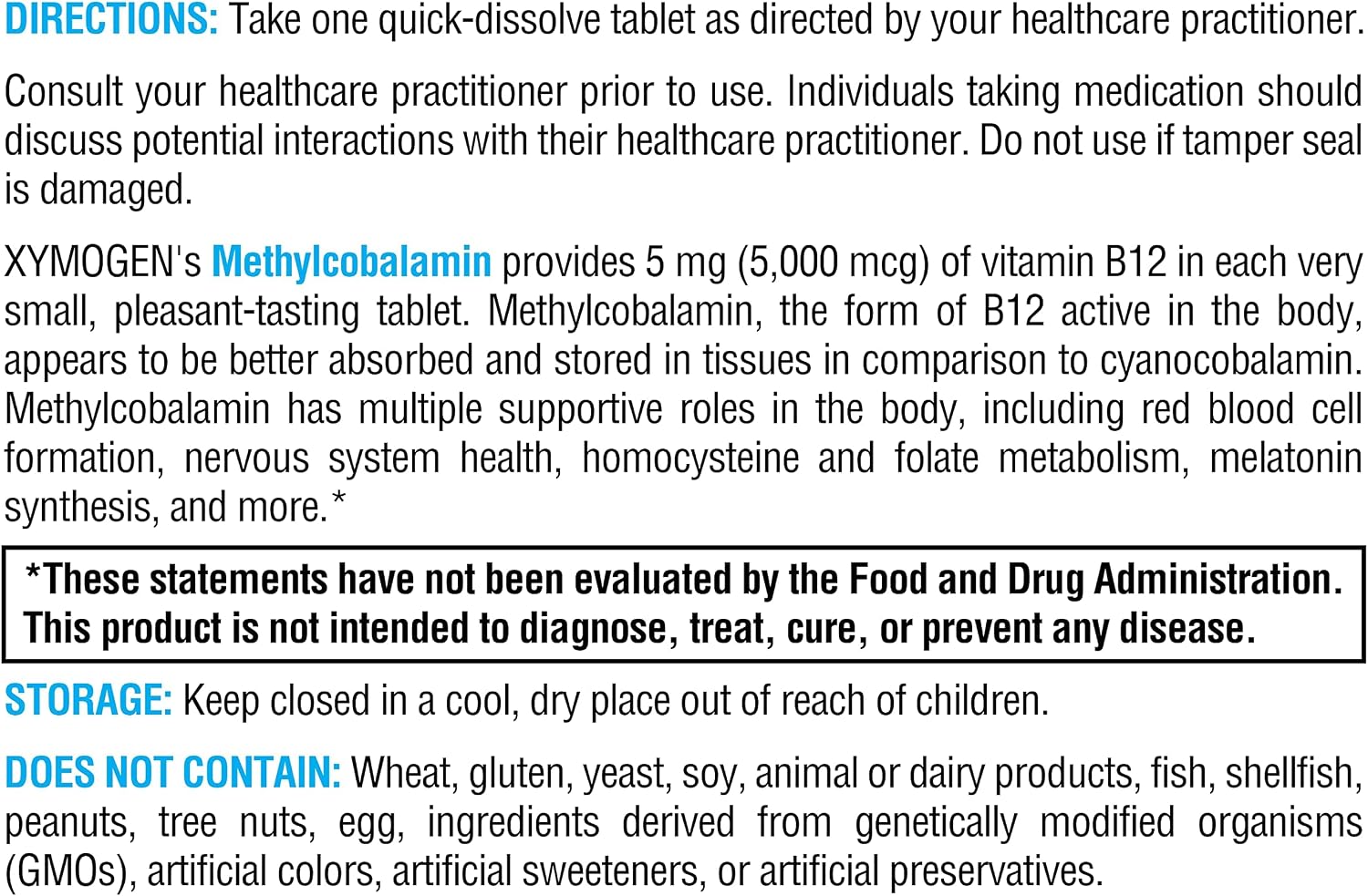 XYMOGEN Methylcobalamin - 5 mg Vitamin B12 - Supports Energy Metabolism, Neurological Function & Red Blood Cell Formation - Non-GMO & Gluten-free - 120 Quick-Dissolve Tablets - görsel 7