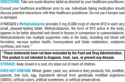 XYMOGEN Methylcobalamin - 5 mg Vitamin B12 - Supports Energy Metabolism, Neurological Function & Red Blood Cell Formation - Non-GMO & Gluten-free - 120 Quick-Dissolve Tablets