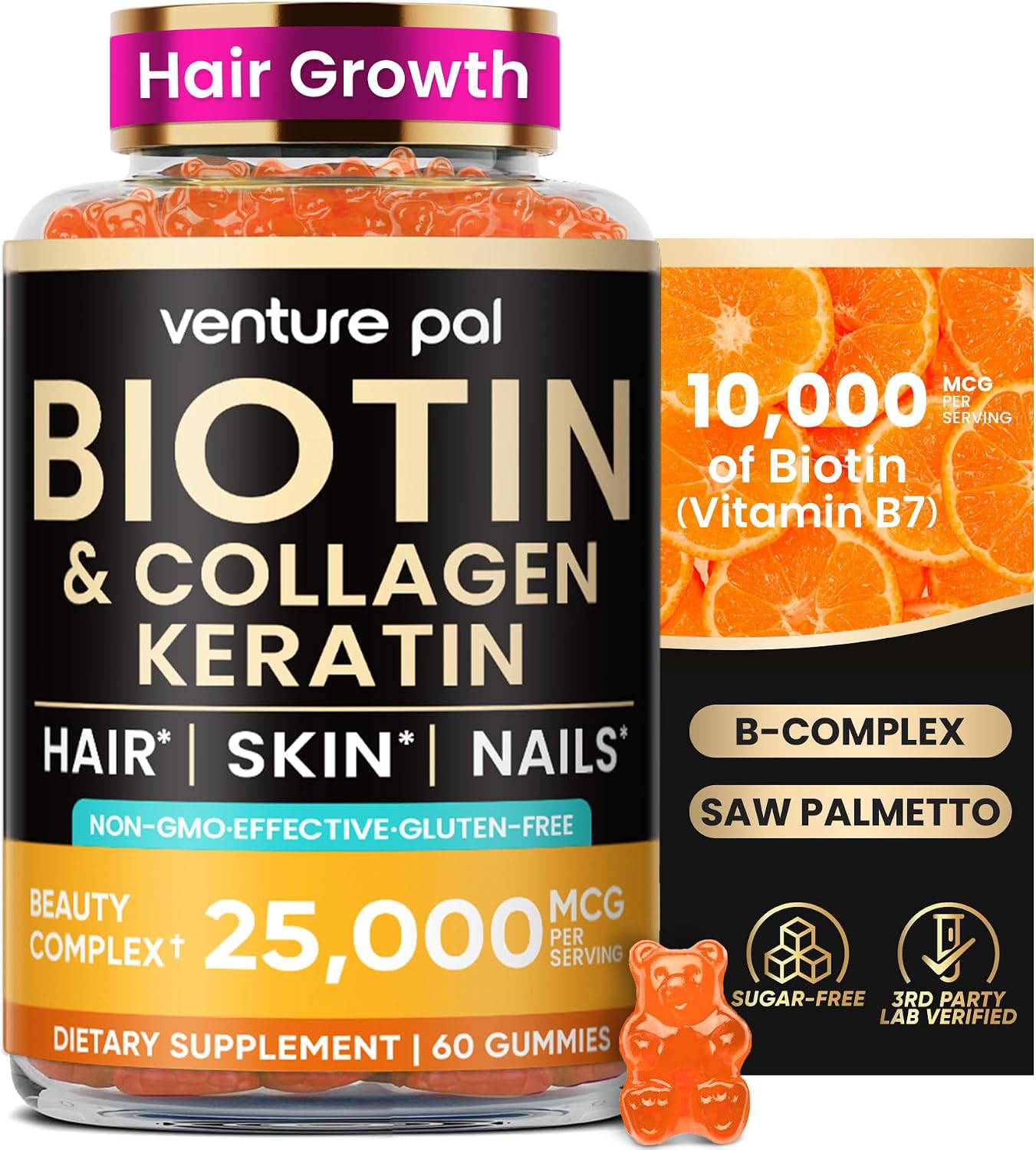 Venture Pal Biotin Gummies with Collagen & Keratin, 10,000 mcg, Sugar Free, 60 Count - görsel 1