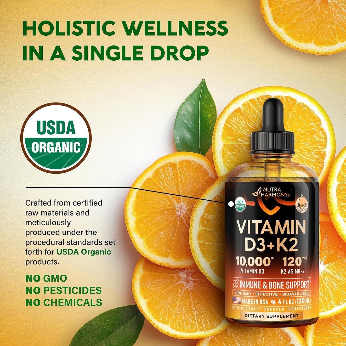 Vitamin D3 K2 USDA Organic Drops, 10000 IU D3 & 120 mcg K2 MK-7, Orange Flavour, 120 ml (120-Day Supply) - görsel 4