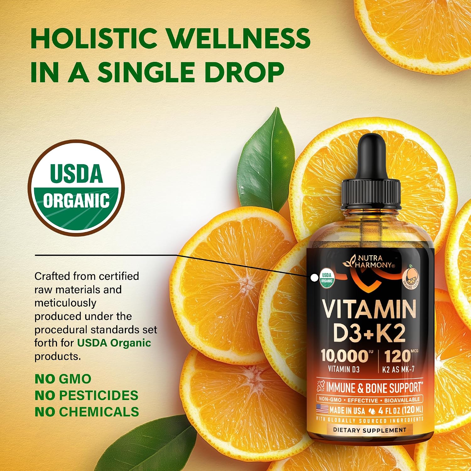Vitamin D3 K2 USDA Organic Drops, 10000 IU D3 & 120 mcg K2 MK-7, Orange Flavour, 120 ml (120-Day Supply) - görsel 4