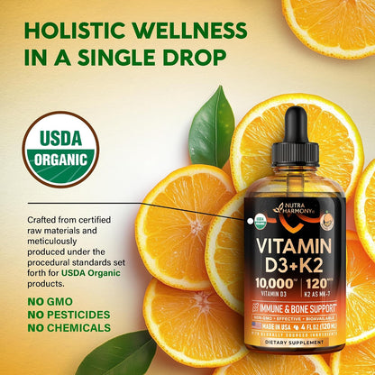 Vitamin D3 K2 USDA Organic Drops, 10000 IU D3 & 120 mcg K2 MK-7, Orange Flavour, 120 ml (120-Day Supply)