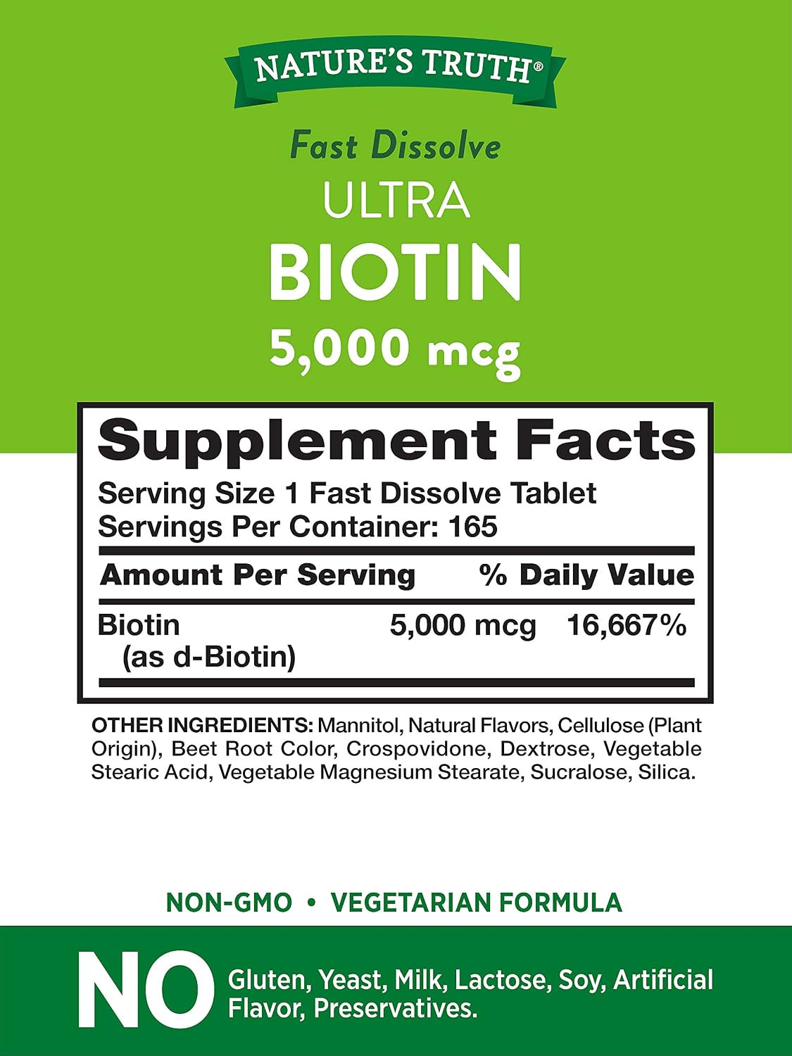Nature's Truth Ultra Biotin 5000mcg Fast Dissolve Tablets – 165 Tablets - görsel 2