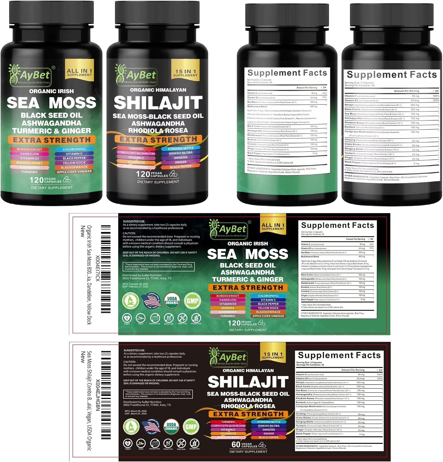 AyBet Sea Moss & Shilajit Supplement Combo – Herbal Formula with Black Seed Oil, Ashwagandha, Rhodiola, Turmeric, Ginger – 240 Vegan Capsules - görsel 9