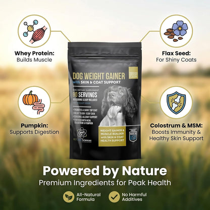 PET CARE Sciences Dog Weight Gainer with Skin & Coat Support - Weight Gain Supplements for Dogs - Canine Muscle Builder - Protein Powder - High Calorie Food Supplement - 90 Servings