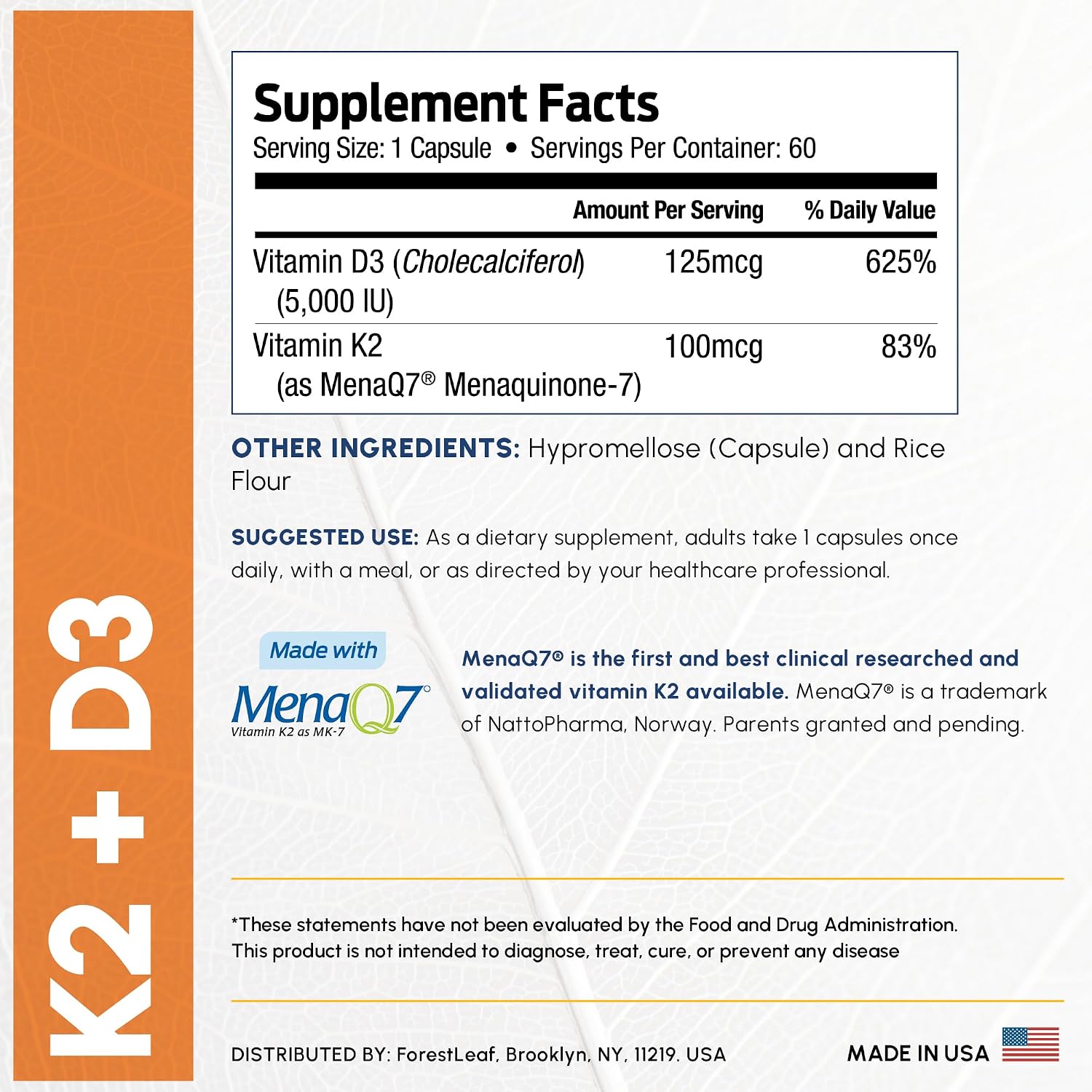 ForestLeaf Vitamin D3 + K2 (MK7) Supplement - 5000 IU with MenaQ7 - 60 Vegetarian Capsules - görsel 4