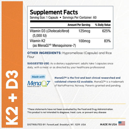 ForestLeaf Vitamin D3 + K2 (MK7) Supplement - 5000 IU with MenaQ7 - 60 Vegetarian Capsules