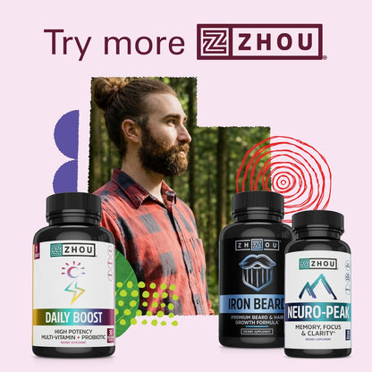 Zhou Iron Beard - Beard Growth Vitamins for Men, Premium Biotin, Saw Palmetto & B Vitamins for Facial Hair Support - 60 Veggie Capsules