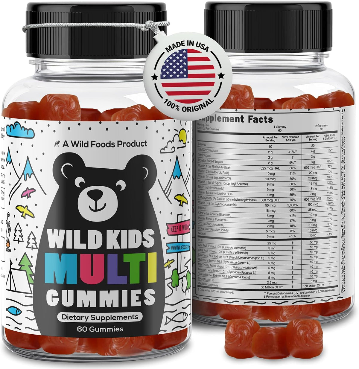 Wild Foods Kids Multivitamin Gummies – with Vitamins A, C, D, E, B12, Iron & DHA – 60 Gummies - görsel 1