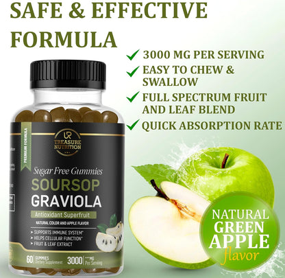 Soursop Leaves & Fruit Gummies – Sugar-Free Graviola Supplement – 3000mg – 60 Gummies