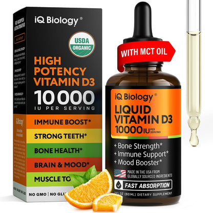 IQ BIOLOGY Liquid Vitamin D3 10000 IU – USDA Organic Vitamin D Drops with MCT Oil (60 ml)