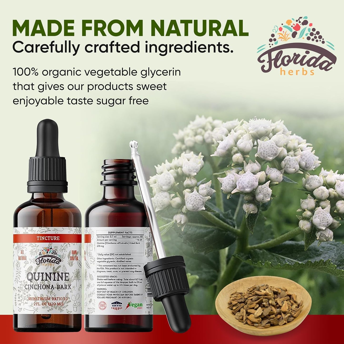 FLORIDA HERBS Quinine Tincture Extract – Cinchona officinalis Dried Bark Herbal Supplement, Non-GMO, Gluten-free, 60 ml - görsel 3