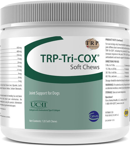 TRP-Tri-COX Soft Chews for Dogs - Joint Care Supplement with Glucosamine, MSM, UC-II Collagen & Omega-3s, 120 Chews