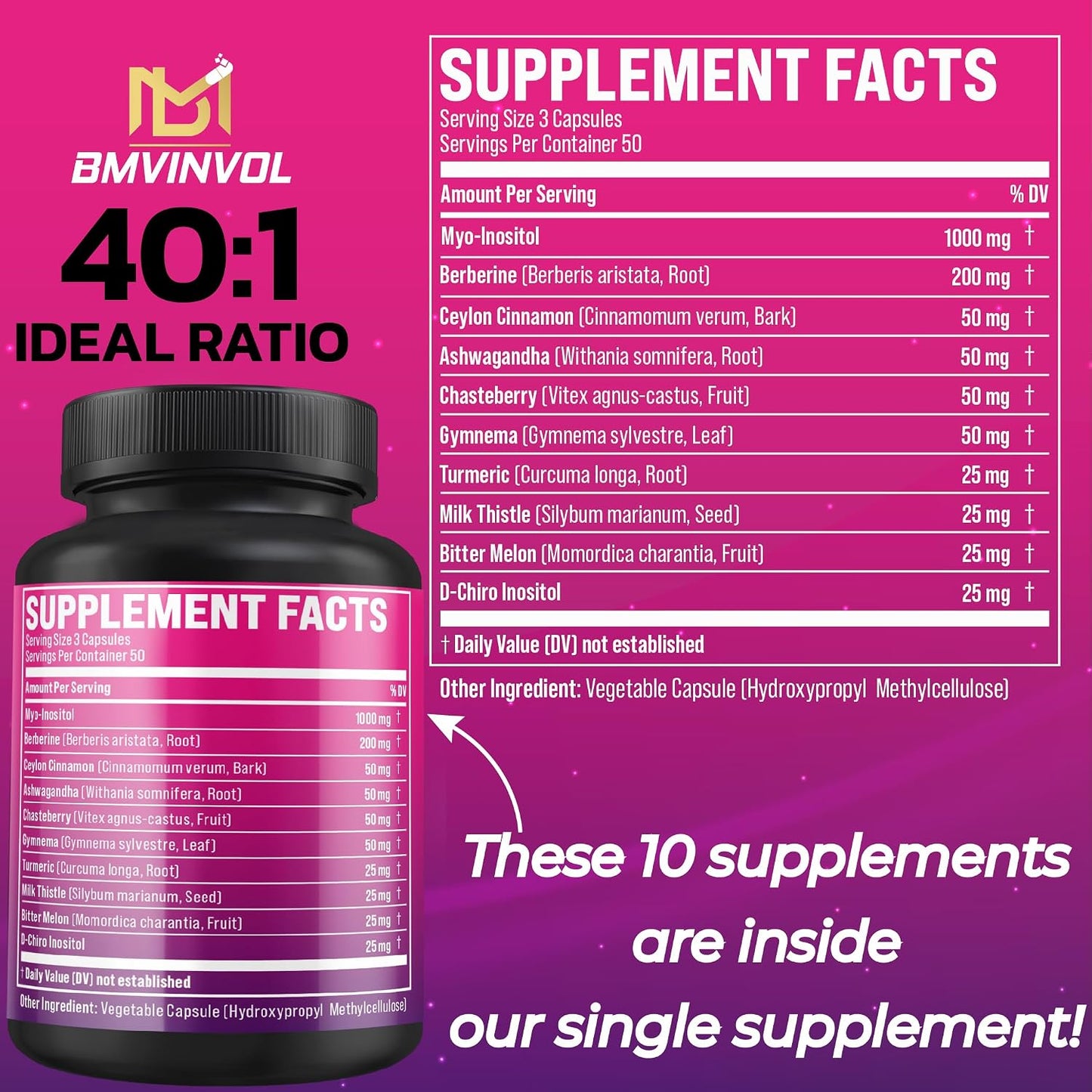 BMVINVOL Inositol Supplement - Myo-Inositol and D-Chiro Inositol Ideal 40:1 Ratio - Plus Berberine, Cinnamon, Ashwagandha + 5 More - 150 Capsules - görsel 2