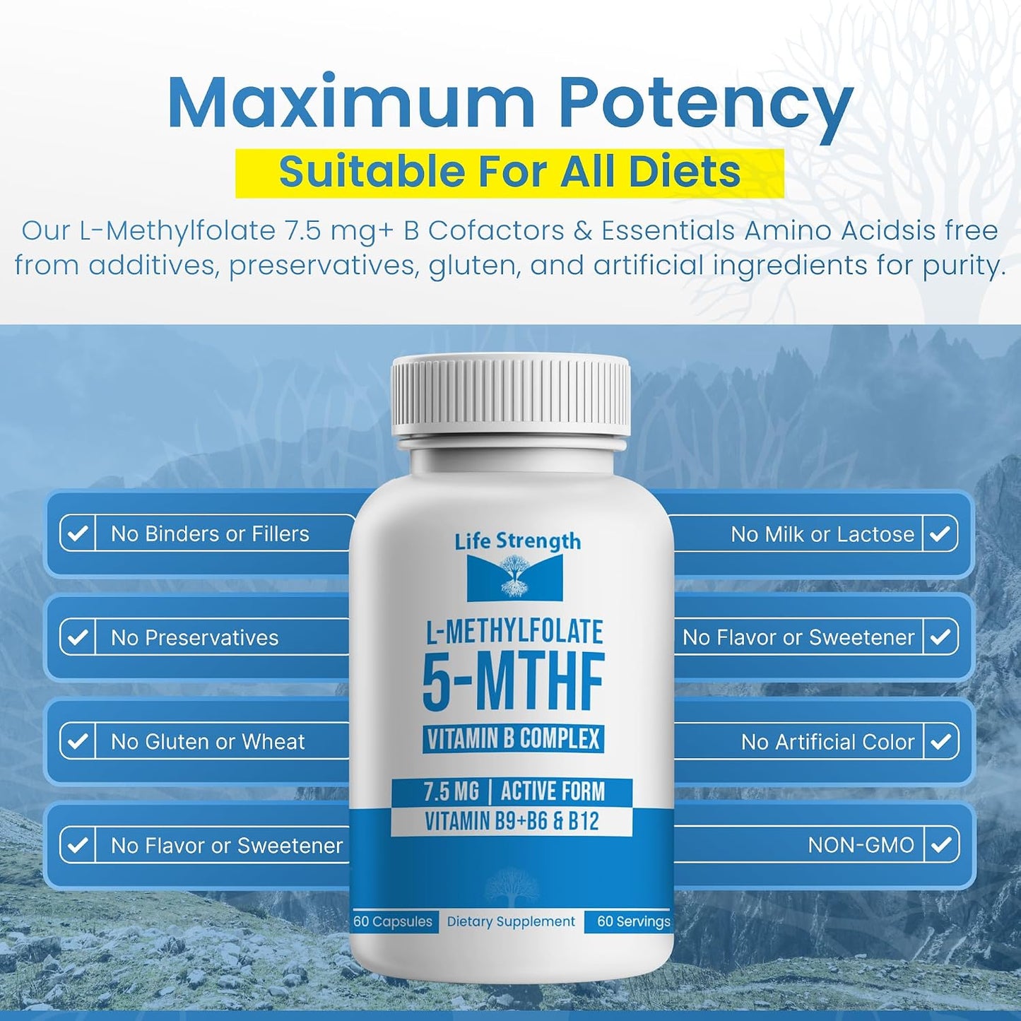 L-Methylfolate 7.5mg + Vitamin B Complex - 5-MTHF, B6 & B12 Methylcobalamin - 60 Capsules - Professional Strength Active Methyl Folate - görsel 5