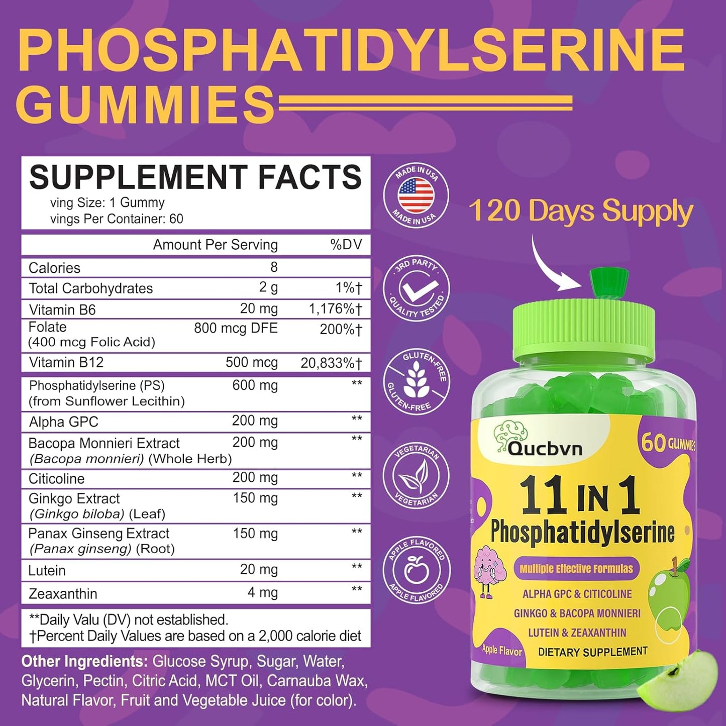 Qucbvn Phosphatidylserine Gummies - Brain Supplement for Memory, Focus and Concentration with Alpha GPC, B6 & B12 - 120 Gummies - görsel 2