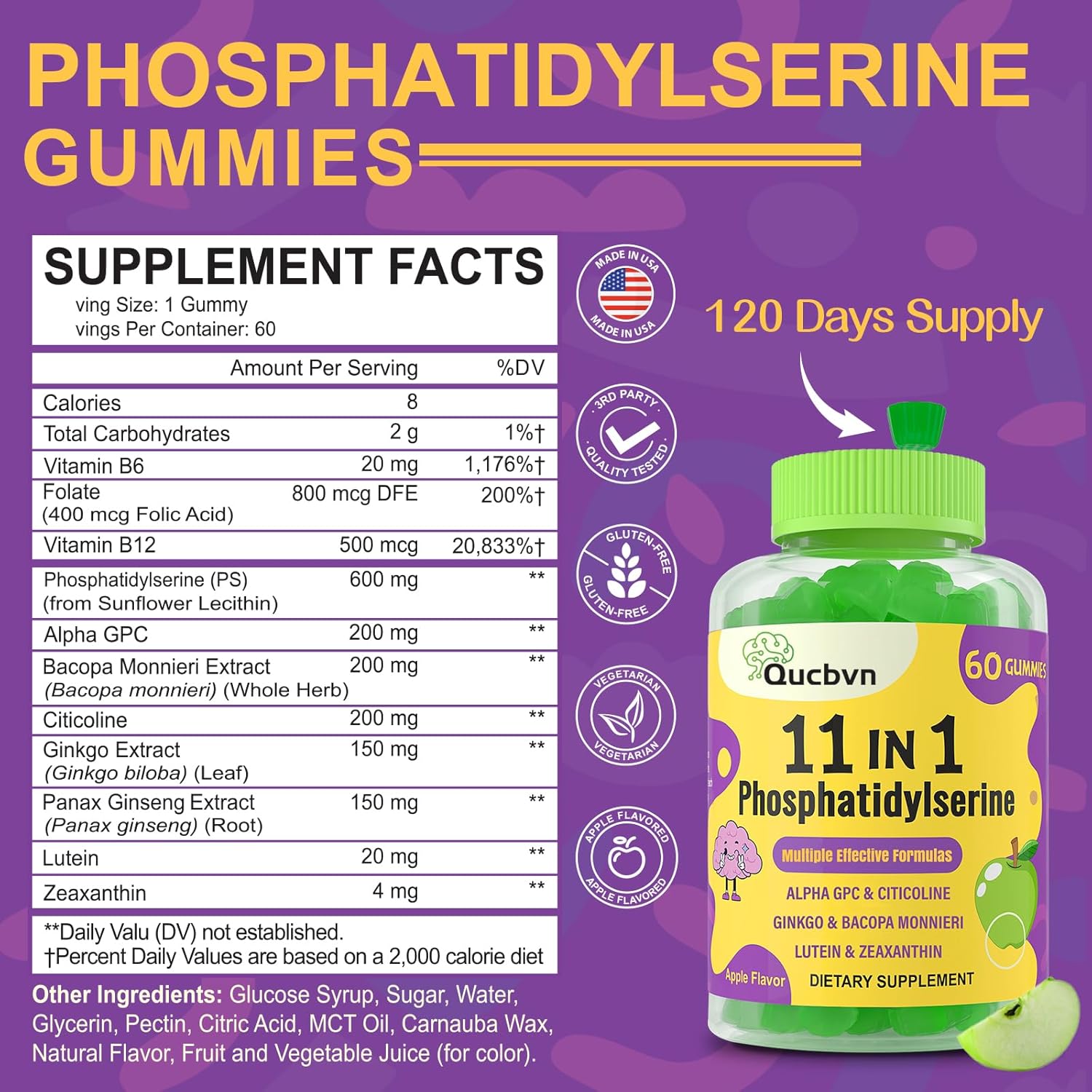 Qucbvn Phosphatidylserine Gummies - Brain Supplement for Memory, Focus and Concentration with Alpha GPC, B6 & B12 - 120 Gummies - görsel 2