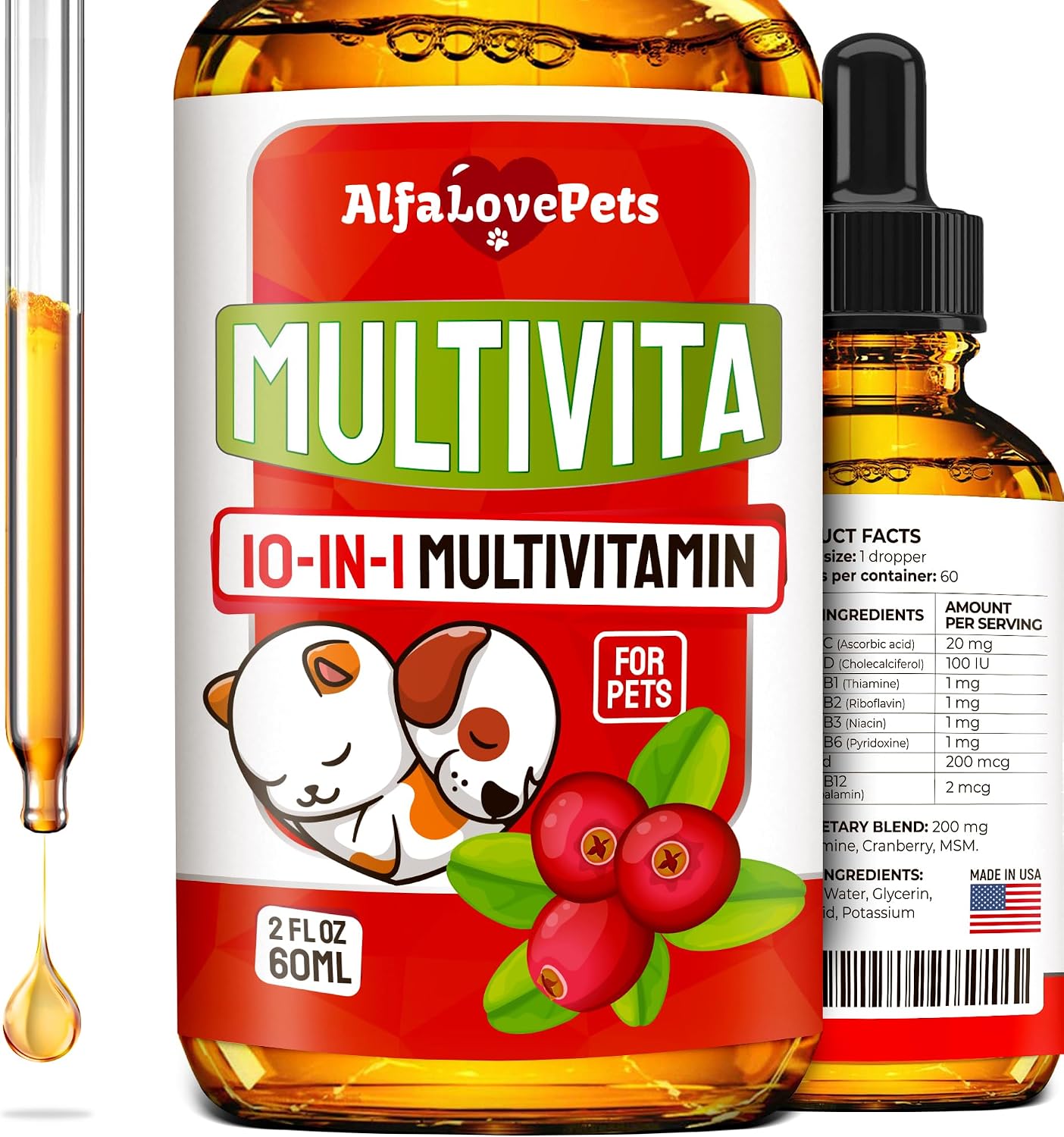 Liquid Multivitamin for Dogs – Cat Multivitamins for Indoor Cats – 10-in-1 Liquid Dog Vitamins B Complex, C, D3 – Digestion, Urinary, Hip & Joint, Skin & Coat – Cranberry Flavour – 60 ml - görsel 1