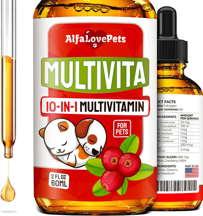 Liquid Multivitamin for Dogs – Cat Multivitamins for Indoor Cats – 10-in-1 Liquid Dog Vitamins B Complex, C, D3 – Digestion, Urinary, Hip & Joint, Skin & Coat – Cranberry Flavour – 60 ml