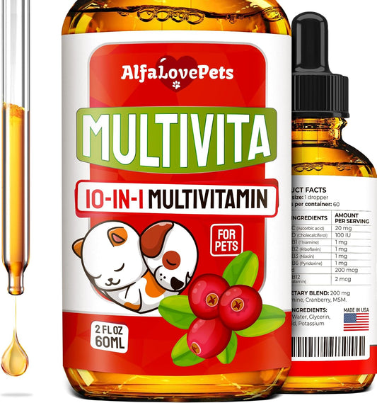 Liquid Multivitamin for Dogs – Cat Multivitamins for Indoor Cats – 10-in-1 Liquid Dog Vitamins B Complex, C, D3 – Digestion, Urinary, Hip & Joint, Skin & Coat – Cranberry Flavour – 60 ml