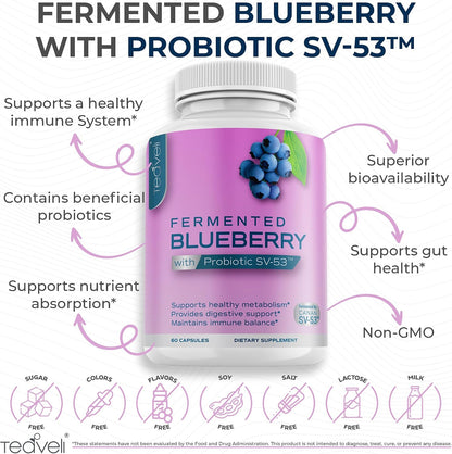 Teaveli Probiotic Blueberry Supplement with Wild Blueberries – 1000 mg per Serving – 60 Capsules
