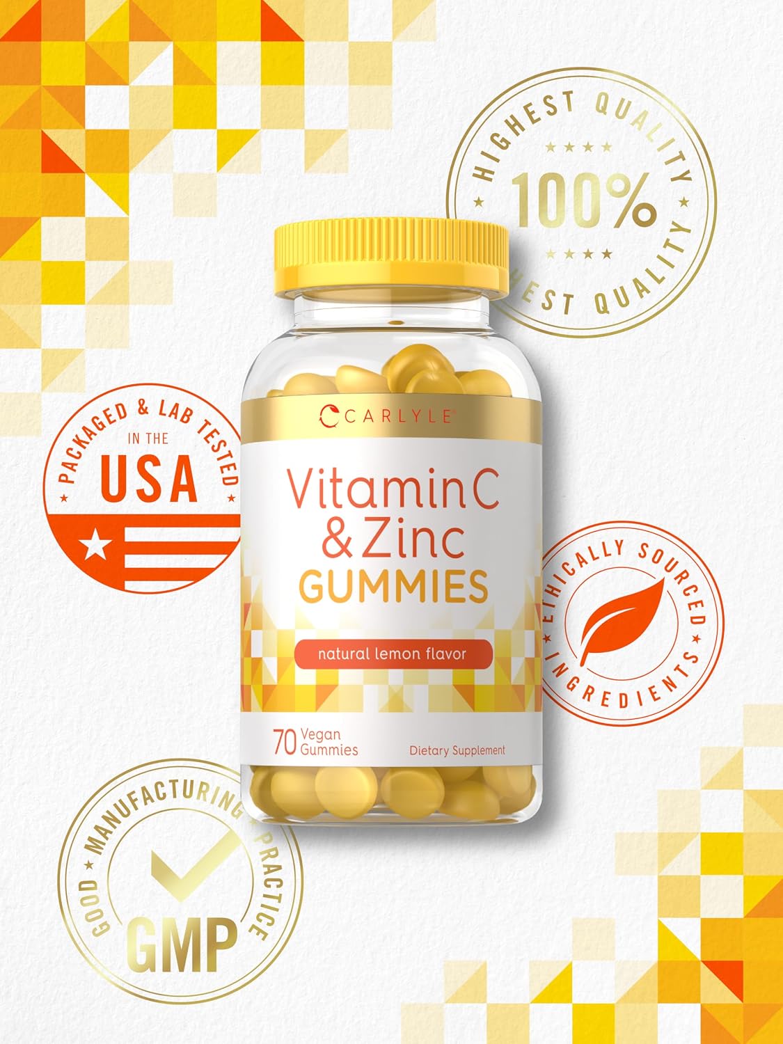 Carlyle Vitamin C and Zinc Gummies | 70 Count | Lemon Flavour | Vegan, Non-GMO, and Gluten-free Supplement - görsel 9