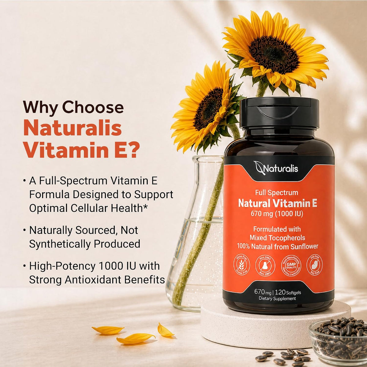 Naturalis Sunflower Vitamin E 670mg (1000 IU) with Mixed Tocopherols | Essential Skin Vitamin & Immune Support | Non-GM, Soya & Gluten-free | 120 Softgels - görsel 4