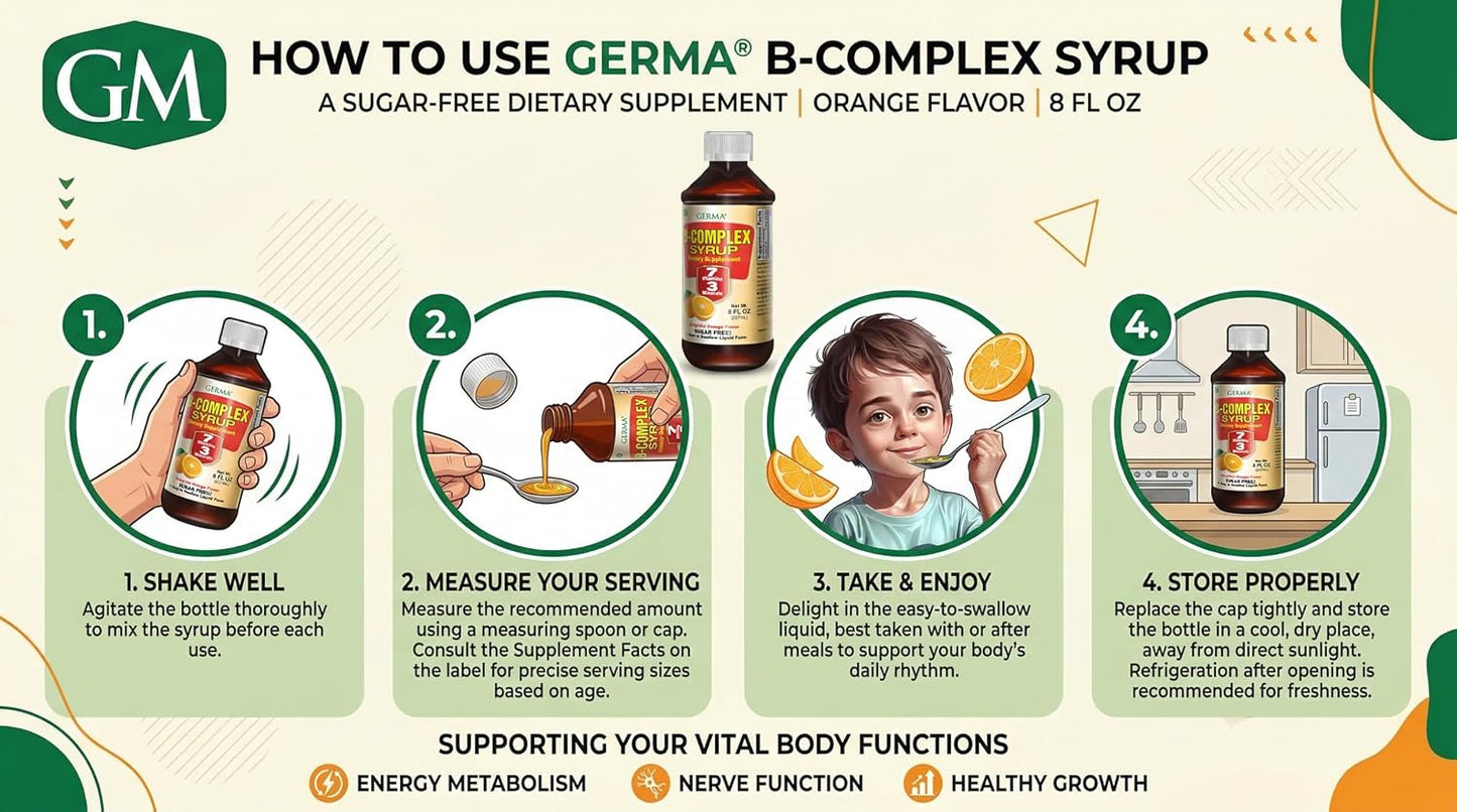 Germa B-Complex Syrup, Sugar Free, Orange Flavour, 8 fl oz - görsel 5