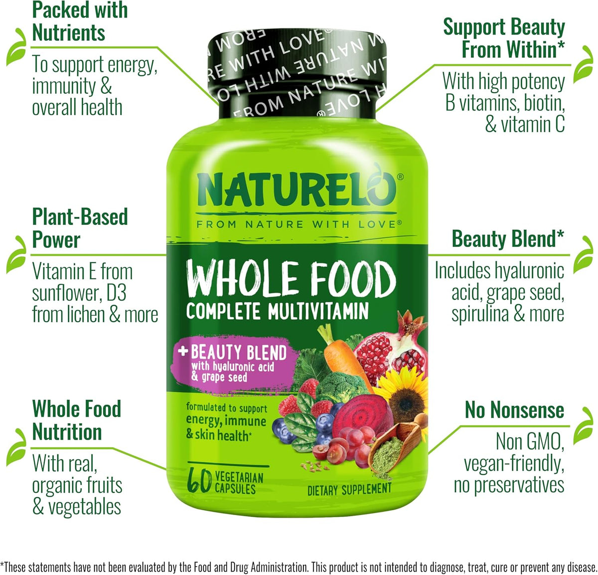NATURELO Whole Food Multivitamin with Extra Hair, Skin & Nails Support - Beauty Blend with Hyaluronic Acid & Grape Seed, 60 Vegan Capsules (Pack of 2) - görsel 2