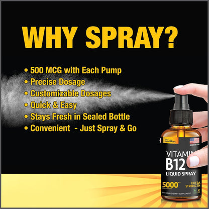 Vitamin B12 Sublingual Spray 5000 mcg – Vegan Methylcobalamin Liquid B12 for Energy, Mood & Brain Health – Gluten-Free, – Image 2