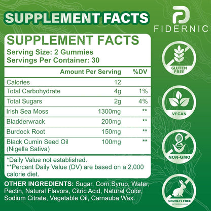 Sea Moss Gummies – Irish Sea Moss with Elderberry & Black Seed Oil, Bladderwrack, Burdock Root – Immune Health Support – Vegan Green Apple Flavour – 120 Gummies