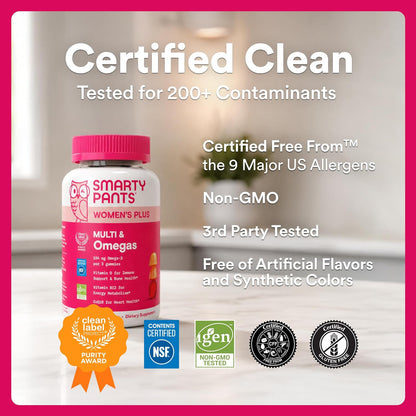 SmartyPants Women's Multivitamin Gummies, Omega-3 DHA/EPA, Methylfolate, CoQ10, Vitamin D3, C, B12, B6, A, K, Zinc, Three Fruit Flavours, 90 Count (30 Day Supply)