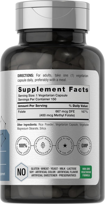 Horbäach Methyl Folate 400 μg | 150 Vegan Capsules | Non-GMO, Gluten-free | Food Supplement