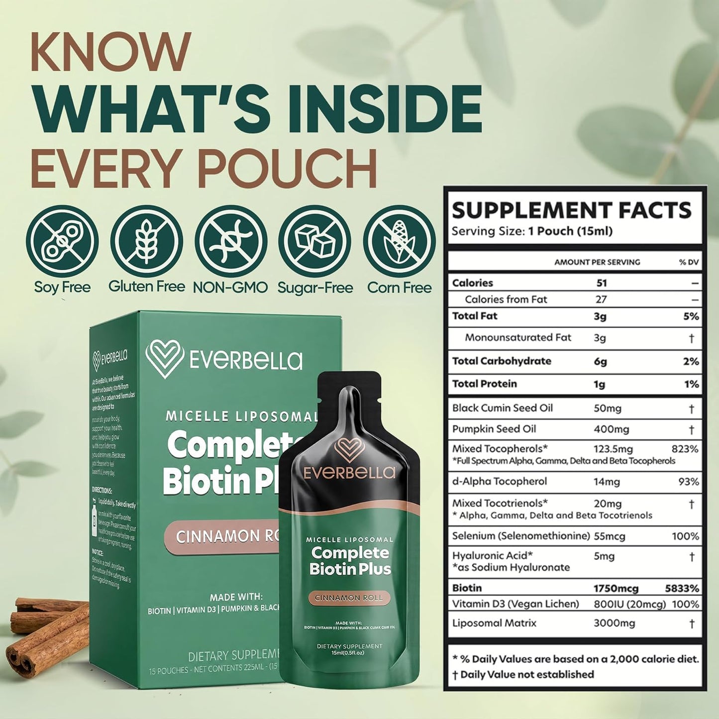 Complete Biotin Plus Liposomal Liquid Pouches - Hair, Skin & Nail Support with Biotin, Pumpkin Seed Oil & Vitamin D3 - Cinnamon Roll Flavour - 15-Day Supply - görsel 4