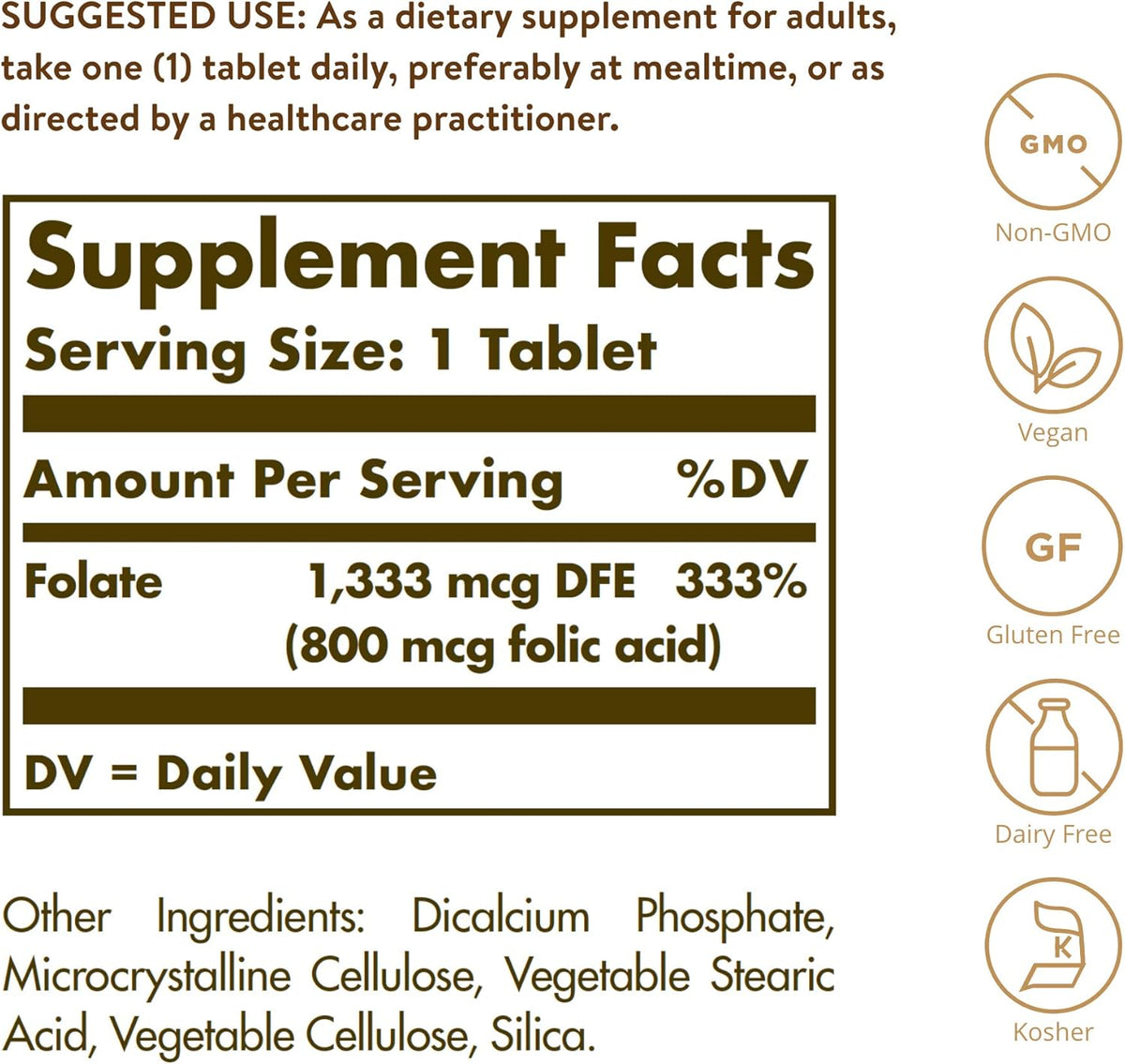 Solgar Folate 1,333 mcg DFE (800 mcg Folic Acid) - 250 Tablets - görsel 2