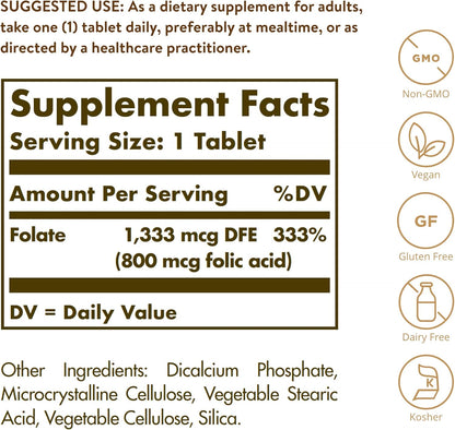 Solgar Folate 1,333 mcg DFE (800 mcg Folic Acid) - 250 Tablets