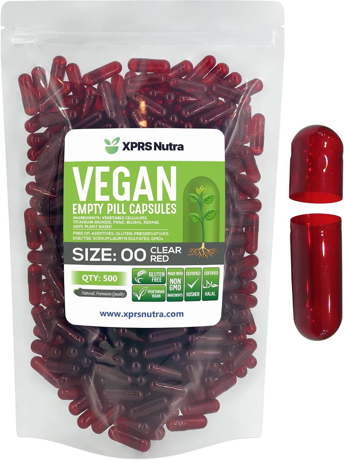 XPRS Nutra Size 00 Empty Capsules - 500 Count Empty Vegan Capsules - Vegetarian Empty Pills - DIY Vegetable Capsule Filling- Veggie Pill Caps (Clear Red) - görsel 1