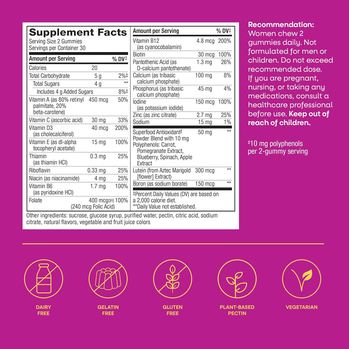 Nature's Way Alive! Women's 50 Plus Multivitamin Gummy, Daily Chewable Multivitamins with B-Vitamins, Vitamin D3, Calcium, Supports Heart, Brain & Bone Health, Mixed Berry Flavoured, 60 Gummies - görsel 6