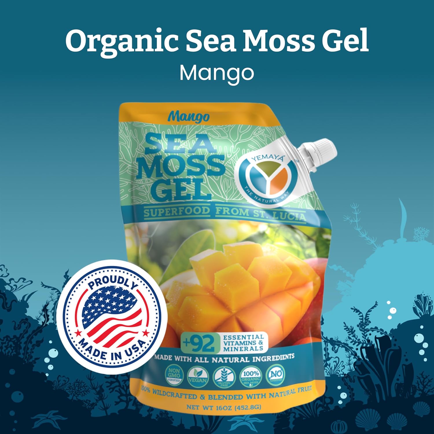 Yemayá Organic Sea Moss Gel Mango - Wildcrafted Seamoss Supplement, 16 oz - görsel 2