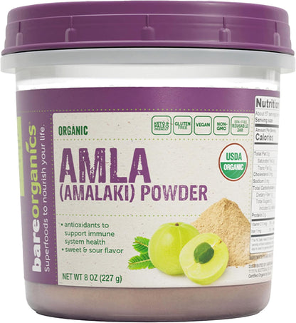 BareOrganics Amla Powder - Organic Indian Gooseberry Superfood Powder, Finely Ground Amla for Smoothies, Teas & Recipes, Non-GMO, Vegan, 227 g