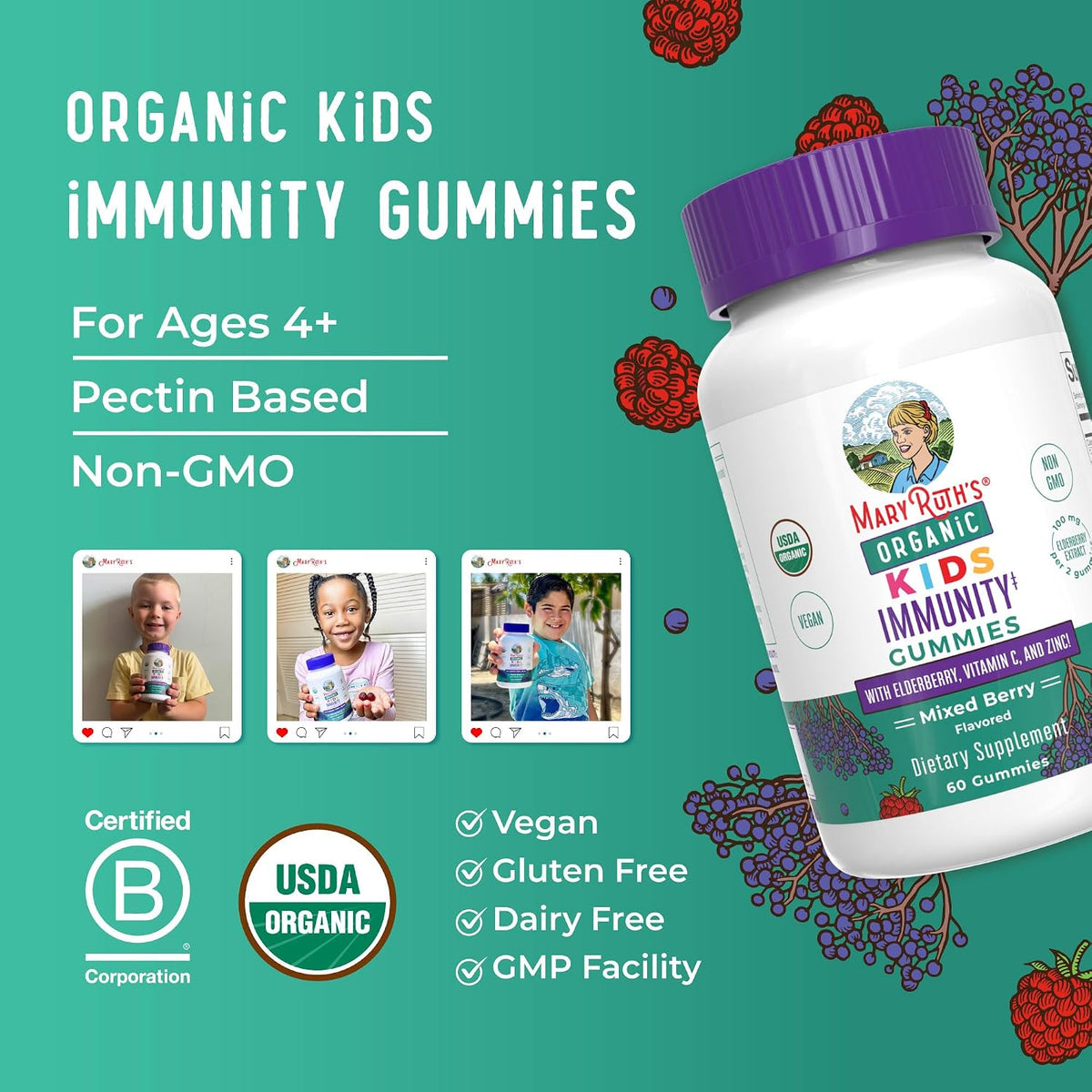 MaryRuth's Organics Children's Immune Support Gummies - USDA Organic Vitamin C, Zinc & Elderberry - 60 Gummies - görsel 8