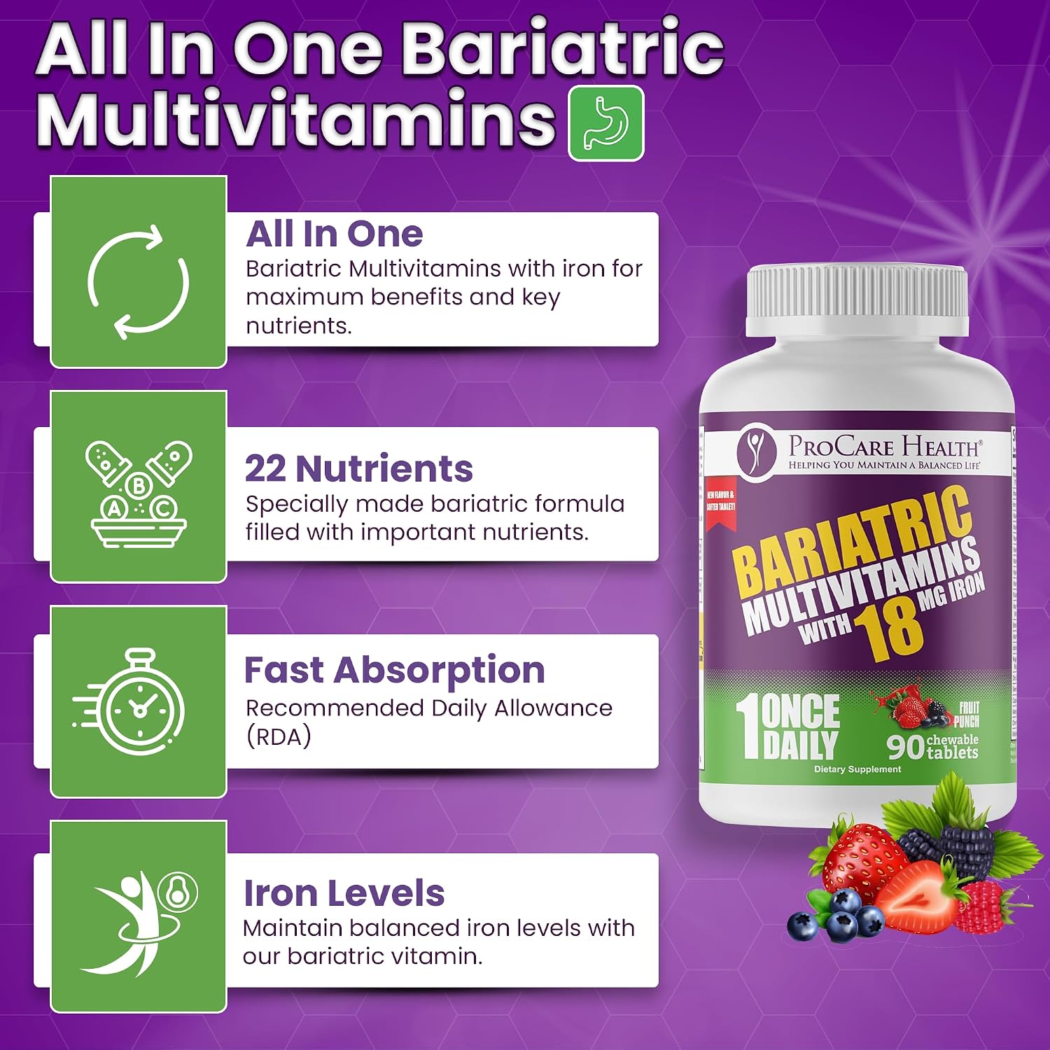ProCare Health Bariatric Chewable Multivitamin with Iron 18mg - Fruit Punch - 90 Tablets (3 Month Supply) - görsel 6
