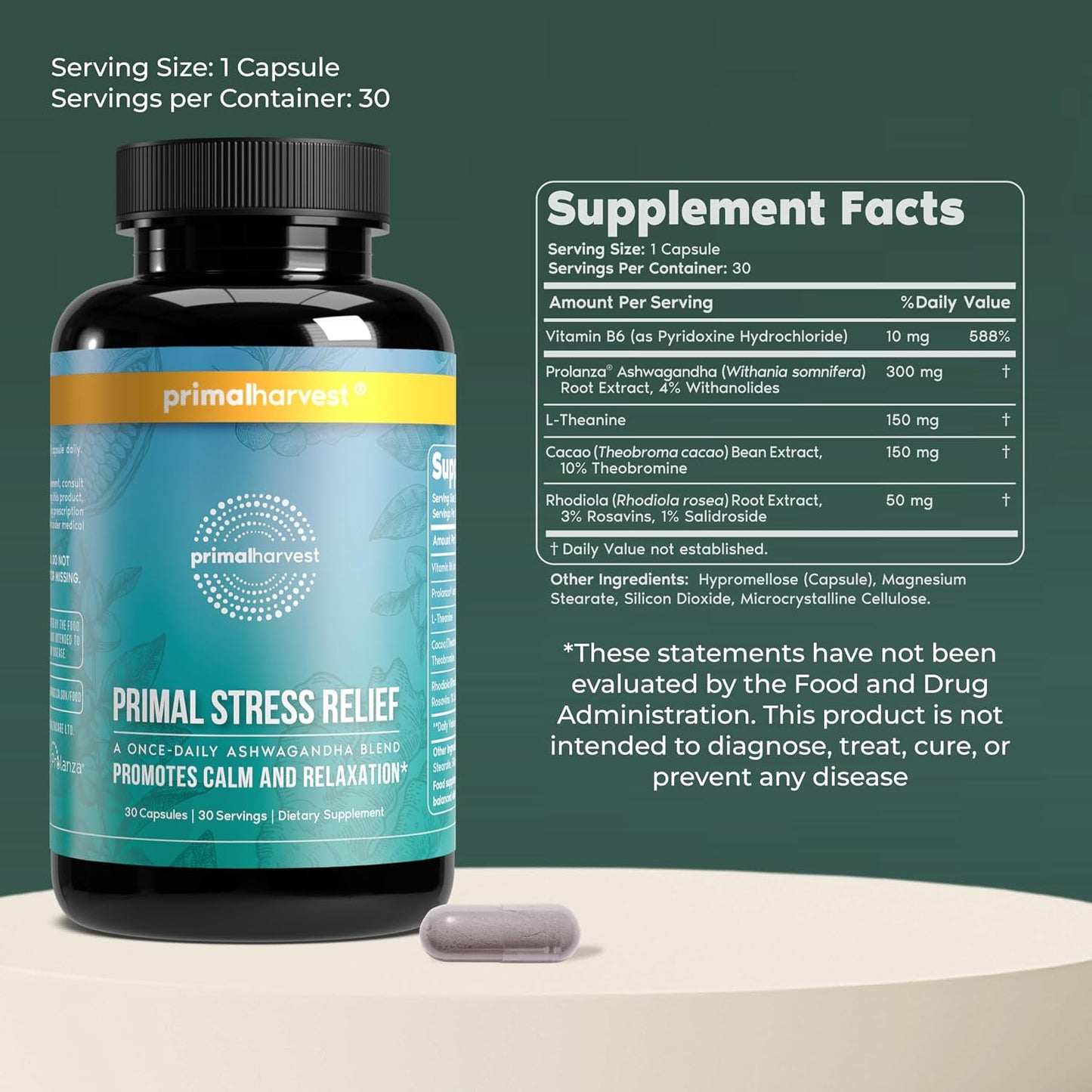 Primal Harvest Stress Relief – Daily Supplement with Ashwagandha, L-Theanine, Vitamin B6 | 60 Capsules - görsel 2