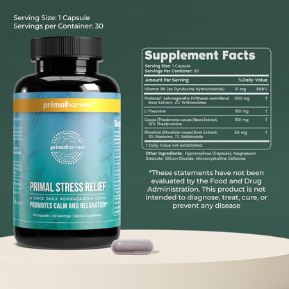 Primal Harvest Stress Relief – Daily Supplement with Ashwagandha, L-Theanine, Vitamin B6 | 60 Capsules