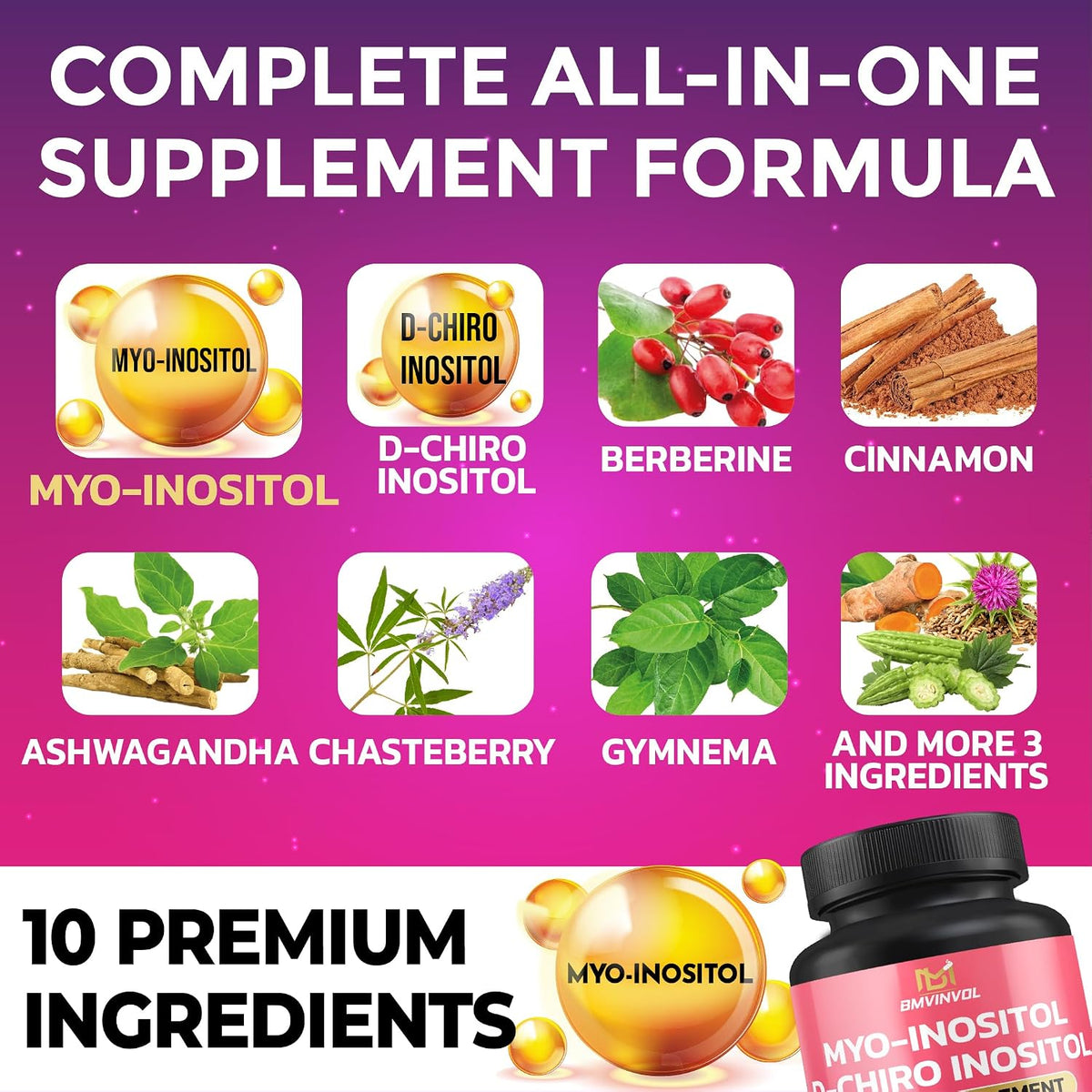 BMVINVOL Inositol Supplement 40:1 Ratio - Berberine, Ashwagandha, 60 Capsules - görsel 3