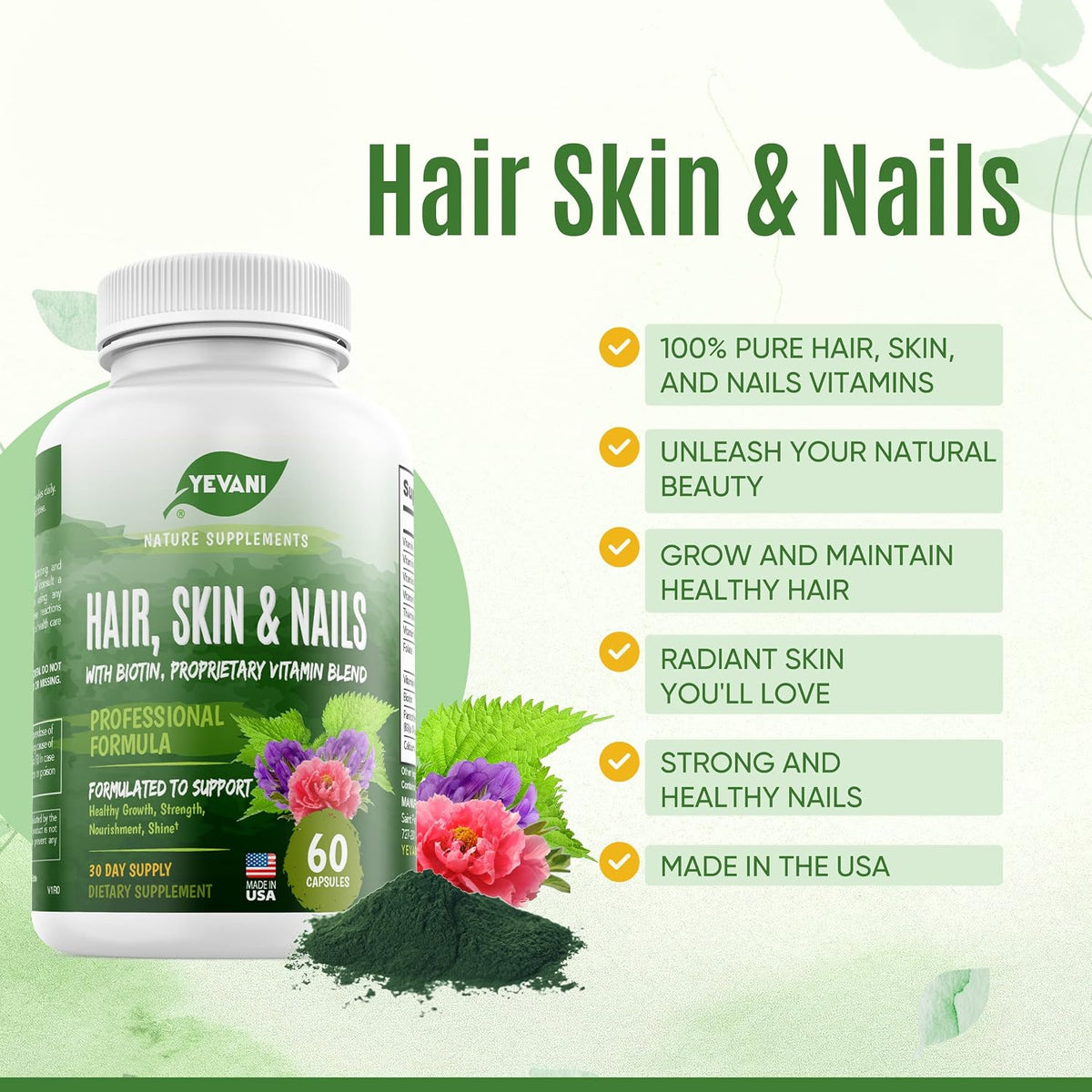 YEVANI 100% Pure Hair, Skin and Nails Vitamins with Biotin Super Blend Formula - görsel 2